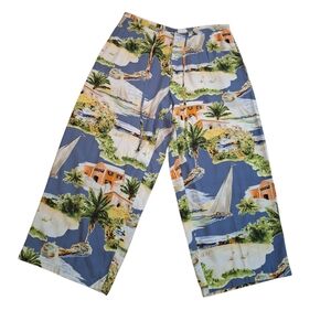 Kahala Hawaii Scenic Graphic Print Pants Ladies 12 Cropped Resortwear Sailboats